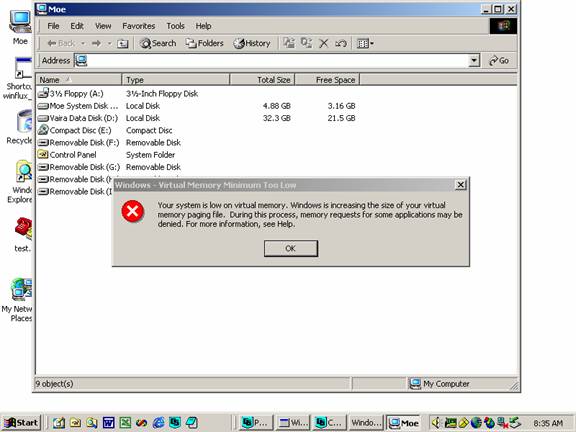 Screen shot of virtual memory error