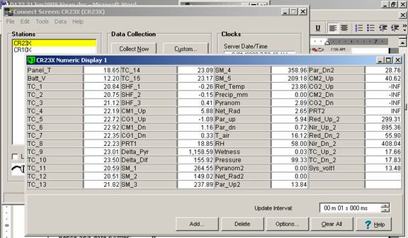 Screen shot of Vaira data logger table