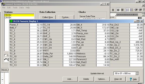 Screen shot of Vaira data logger table