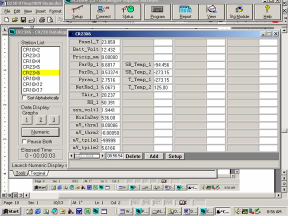 Screen shot of tower met data logger table