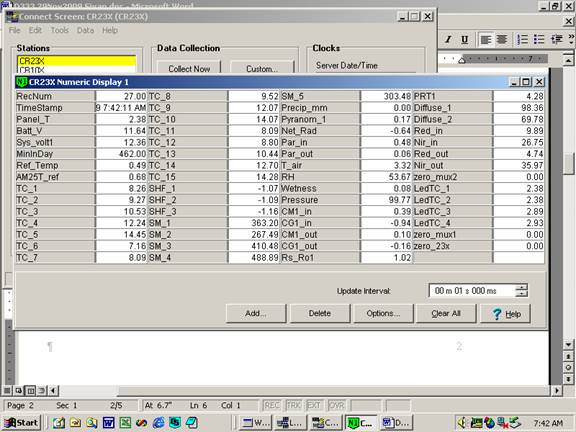 Screen shot of Vaira data logger table