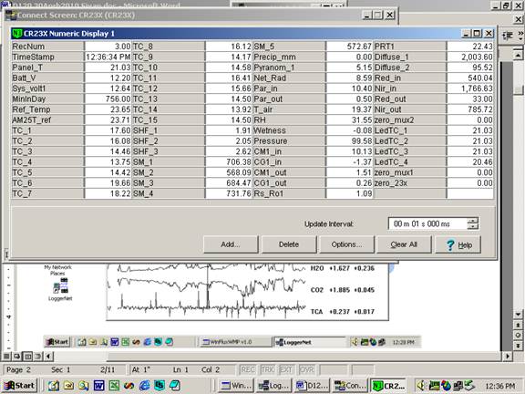 Screen shot of Vaira data logger table