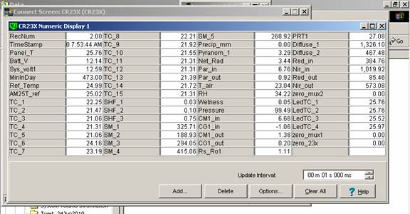 Screen shot of Vaira data logger table