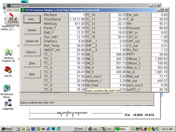 Screen shot of Vaira data logger table