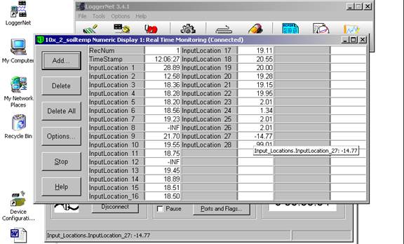 Screen shot of floor met data logger table