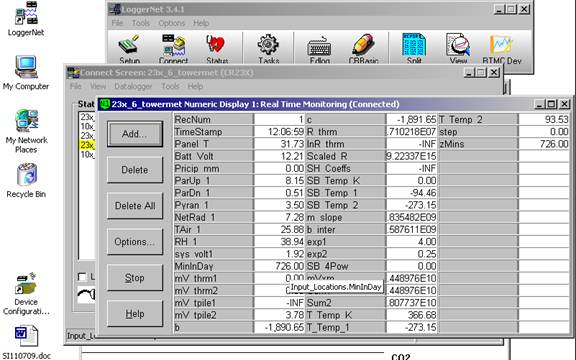 Screen shot of tower met data logger table