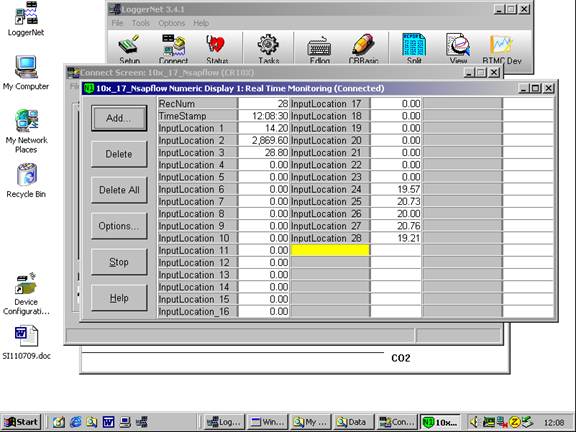 Screen shot of sap flow data logger table