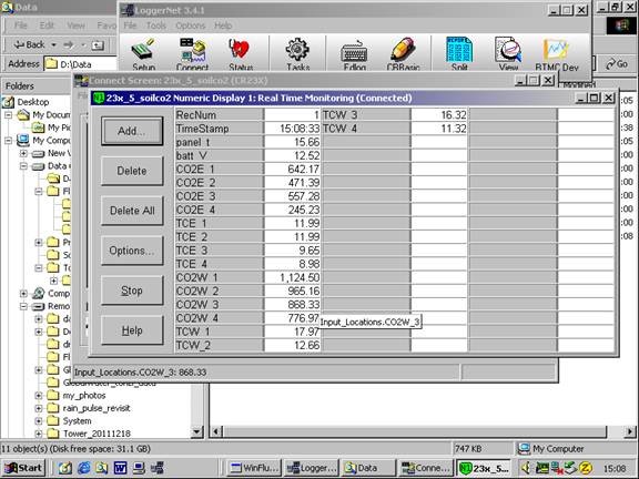 Screen shot of soil co2 data logger table