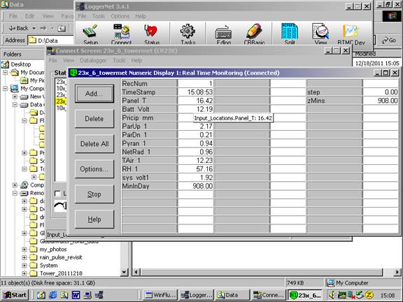 Screen shot of tower met data logger table