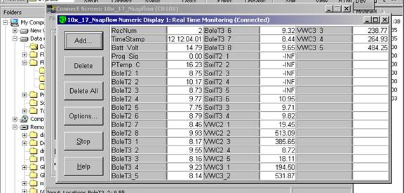 Screen shot of sap flow data logger table