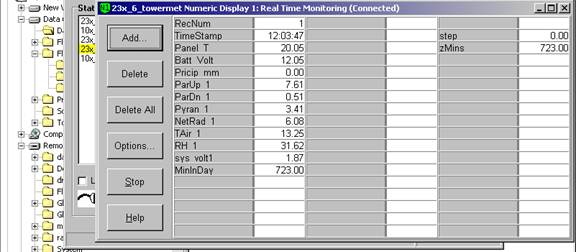 Screen shot of tower met data logger table