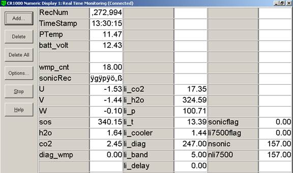 Screen shot of Vaira flux data logger table