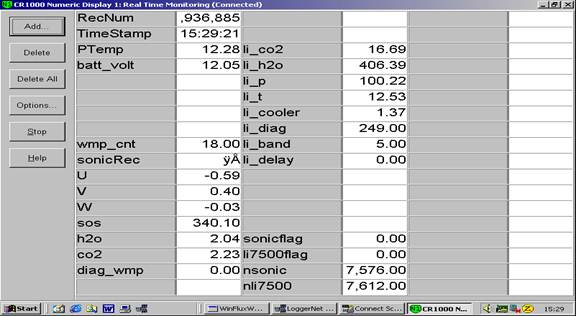 Screen shot of floor flux data logger table