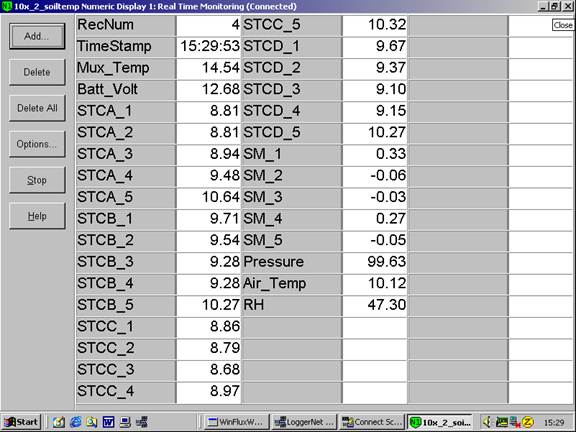 Screen shot of floor met data logger table