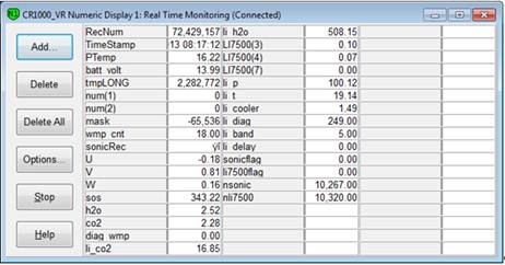 Screen shot of Vaira flux data logger table