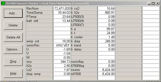 Screen shot of tower flux data logger table