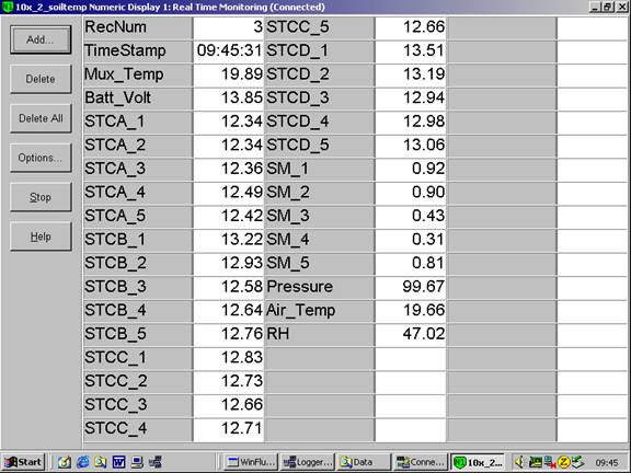 Screen shot of floor met data logger table