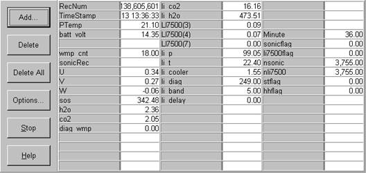 Screen shot of floor flux data logger table