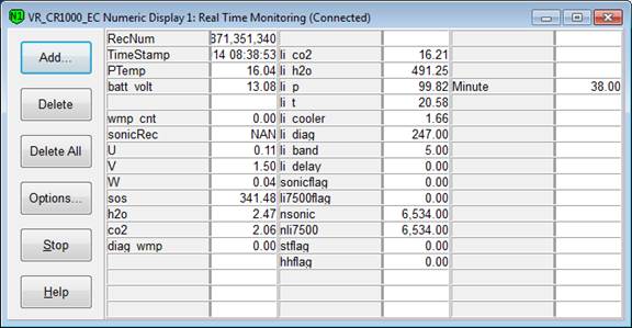 Screen shot of Vaira flux data logger table