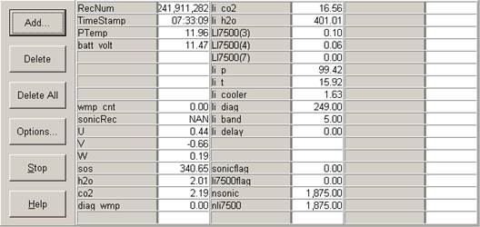 Screen shot of tower flux data logger table