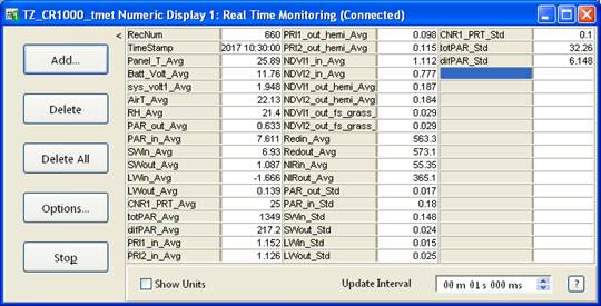 Screen shot of tower met data logger table