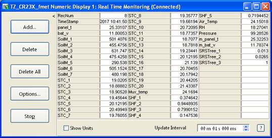 Screen shot of floor met data logger table