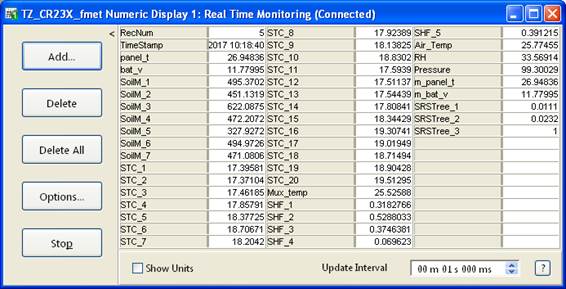 Screen shot of floor met data logger table