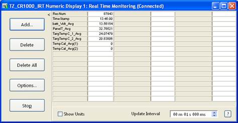 Screen shot of IRT data logger table