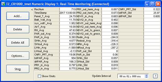 Screen shot of tower met data logger table