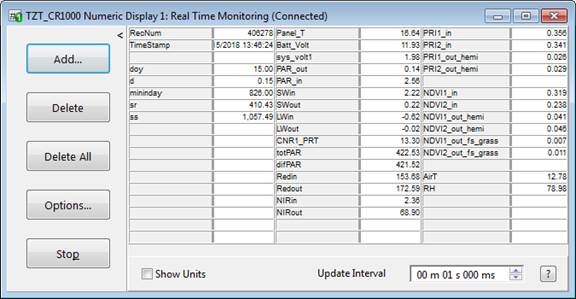 Screen shot of tower met data logger table