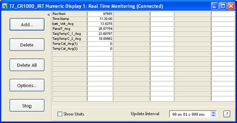 Screen shot of IRT data logger table