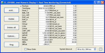 Screen shot of tower met data logger table