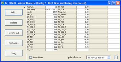 Screen shot of soil co2 data logger table