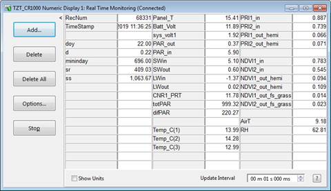 Screen shot of tower met data logger table