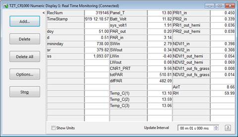 Screen shot of tower met data logger table