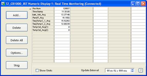 Screen shot of IRT data logger table