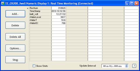 Screen shot of new well level data logger table