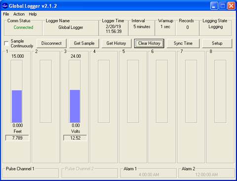 Screen shot of old well level data logger status