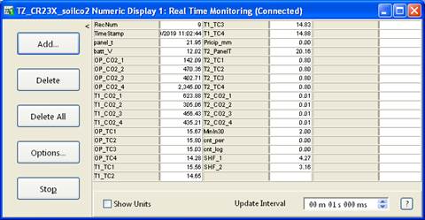 Screen shot of soil co2 data logger table