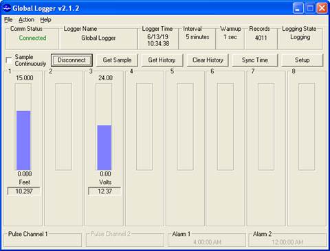 Screen shot of old well level data logger status