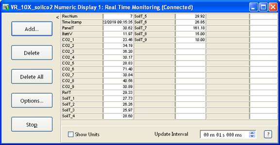 Screen shot of Vaira soil co2 data logger table