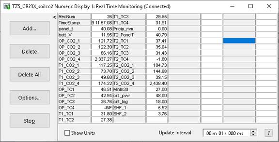 Screen shot of soil co2 data logger table