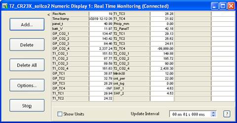 Screen shot of soil co2 data logger table