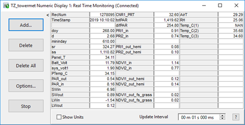 Screen shot of tower met data logger table