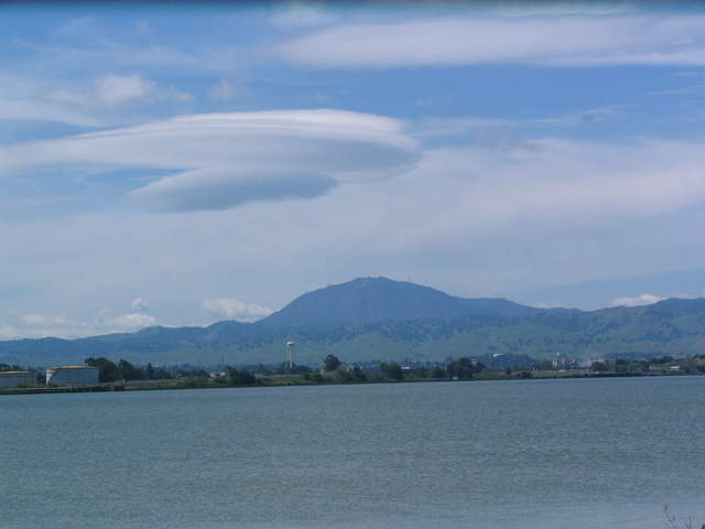 View of Mt Diablo across the river lenticular clouds