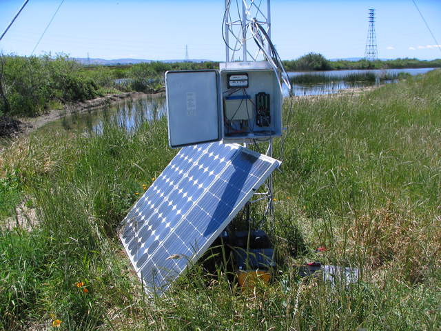 Solar panels and data logger box at levee tower