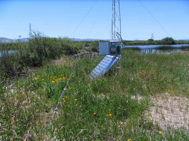 Solar panels and data logger box at levee tower