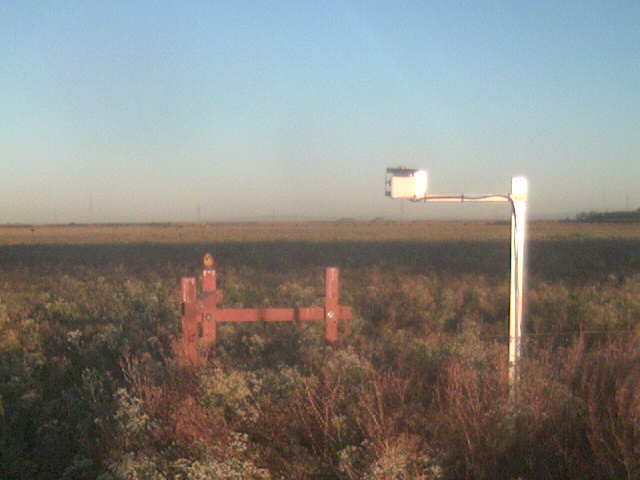 Bridge shadow and bird on fence post.
