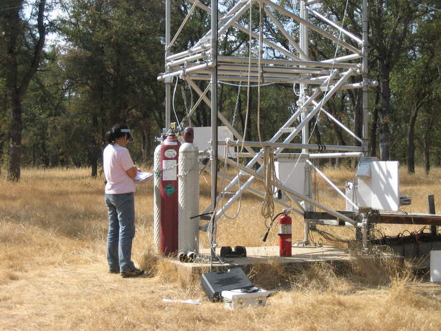 Siyan checking the calibration gas tanks at Tonzi