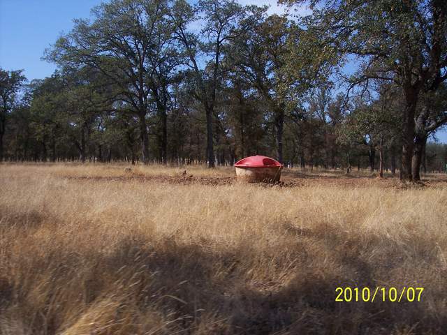 View of the oak savanna with dead grass and cow waterer